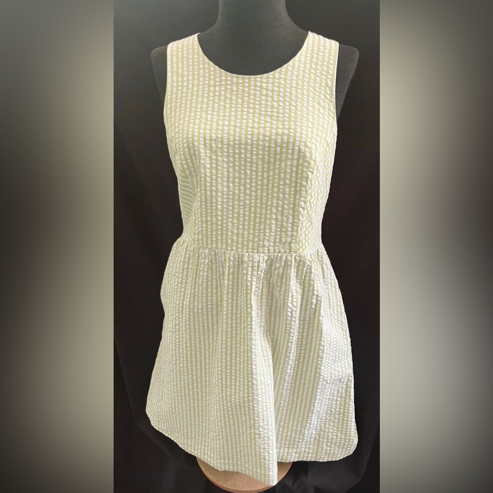 Green and white seersucker mini dress